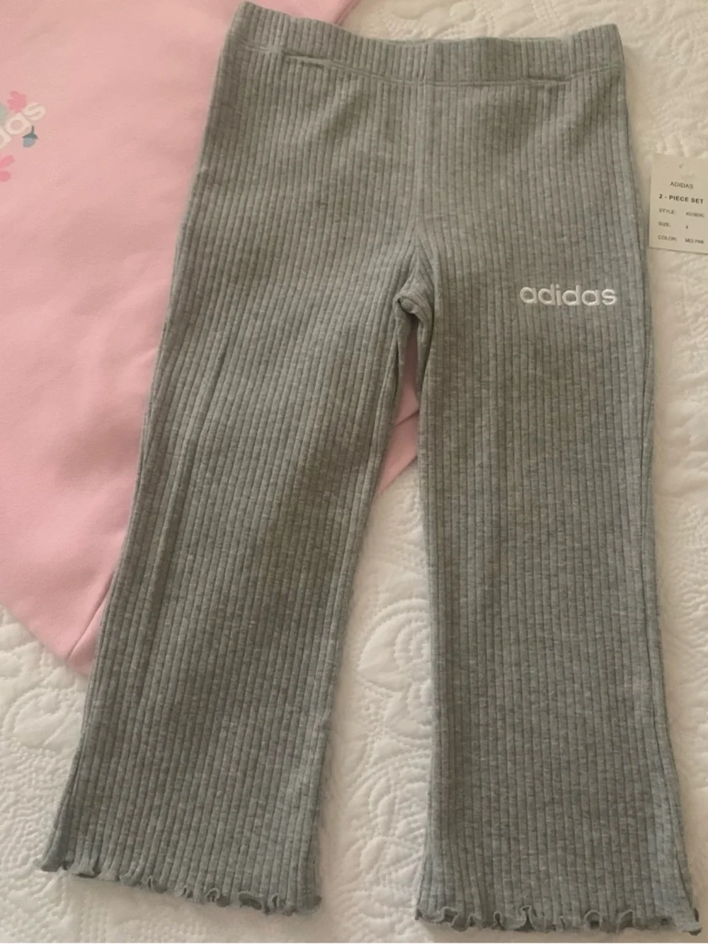 adidas girl’s Pink Crewneck Sweatshirt and Gray Ribbed Leggings Set